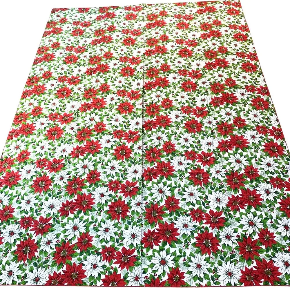 Christmas Tablecloth 1980’s Lightweight Cotton Blend Poinsettias Red Green White